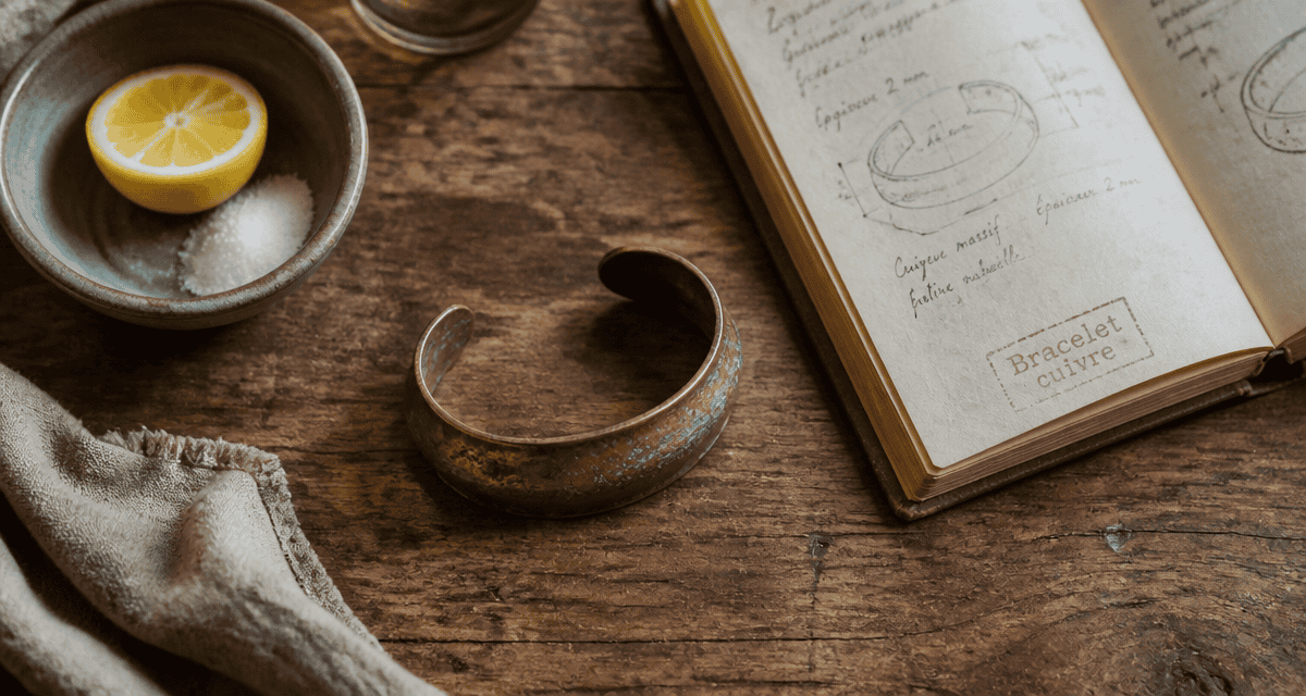 bracelet cuivre massif patiné sur table bois