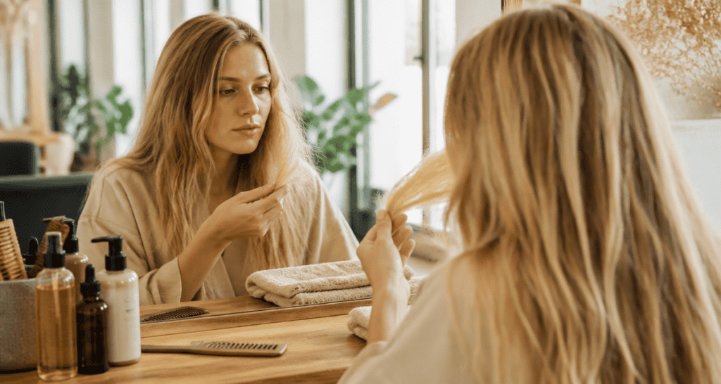 Cheveux paille après permanente femme miroir