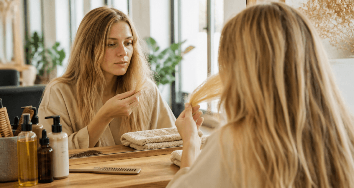 Cheveux paille après permanente femme miroir