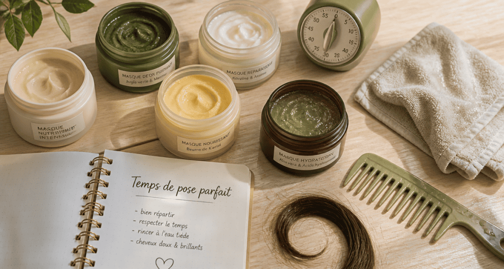 combien de temps laisser poser un masque cheveux, flacons ouverts et minuteur sur table de salle de bain