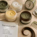 combien de temps laisser poser un masque cheveux, flacons ouverts et minuteur sur table de salle de bain