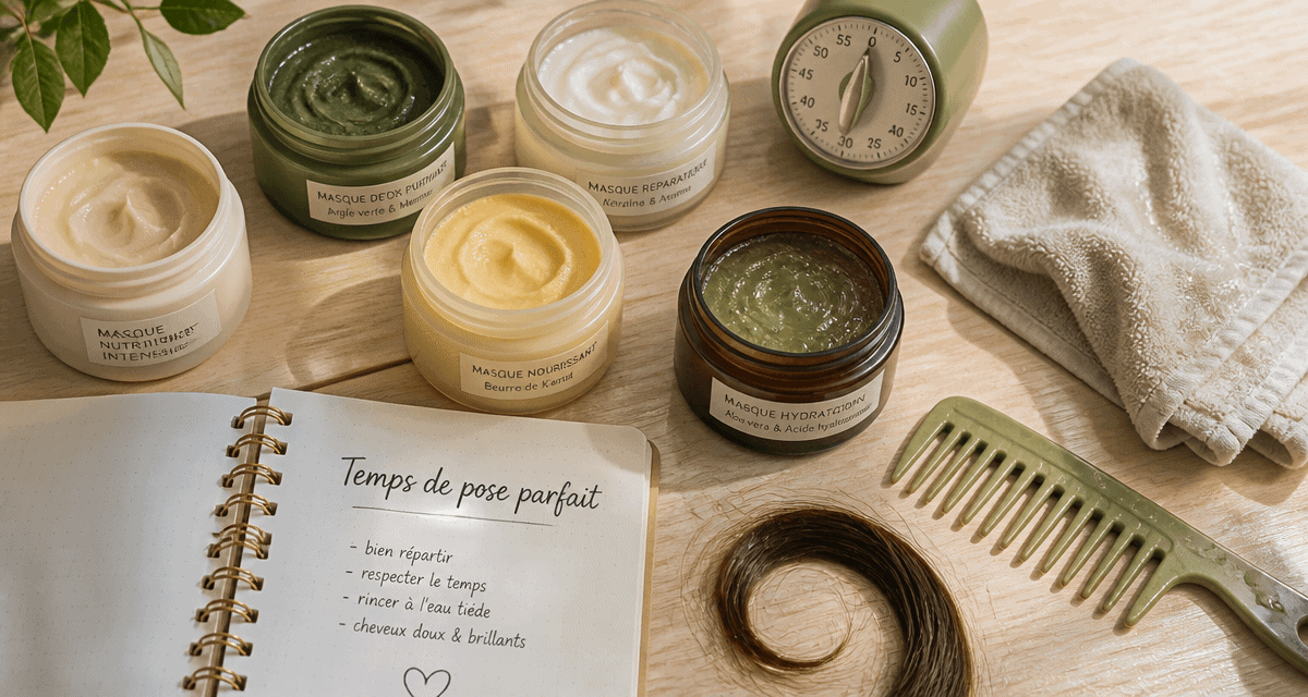 combien de temps laisser poser un masque cheveux, flacons ouverts et minuteur sur table de salle de bain