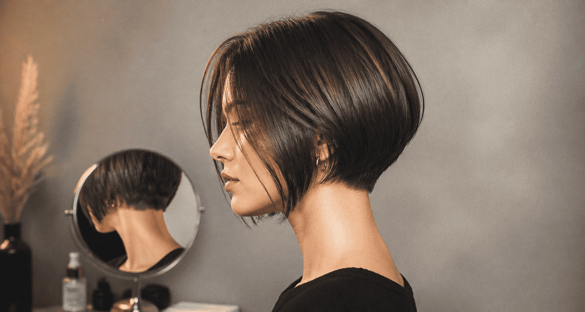 Coupe au carré court plongeant nuque dégagée femme profil