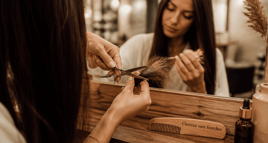 Couper fourches cheveux longs devant miroir