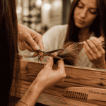 Couper fourches cheveux longs devant miroir