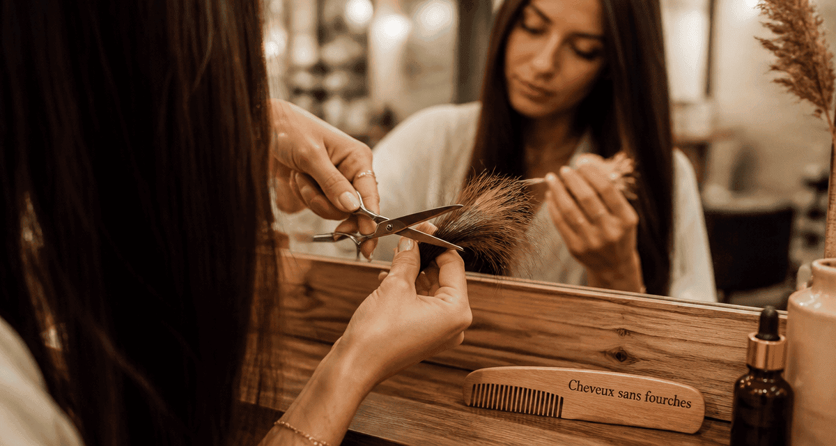 Couper fourches cheveux longs devant miroir