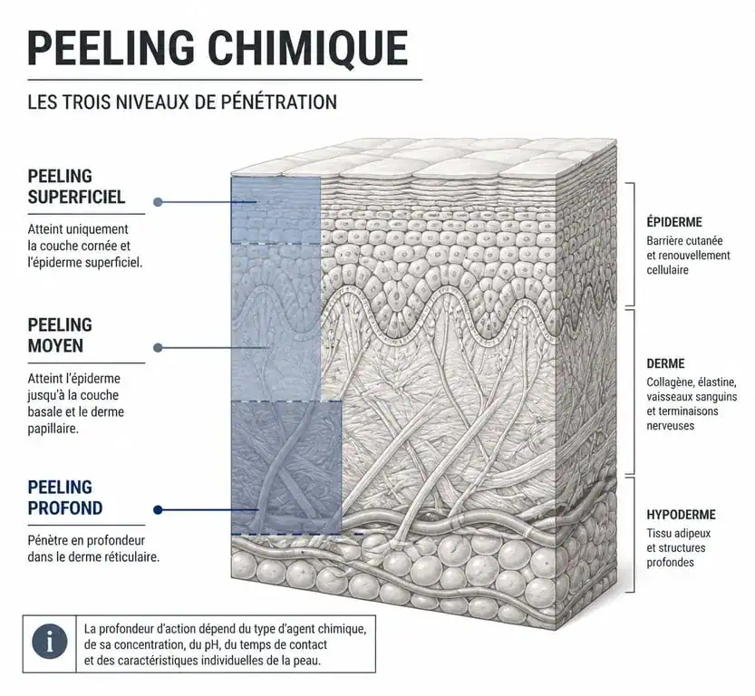 Schéma explicatif des trois niveaux de peeling : superficiel, moyen et profond