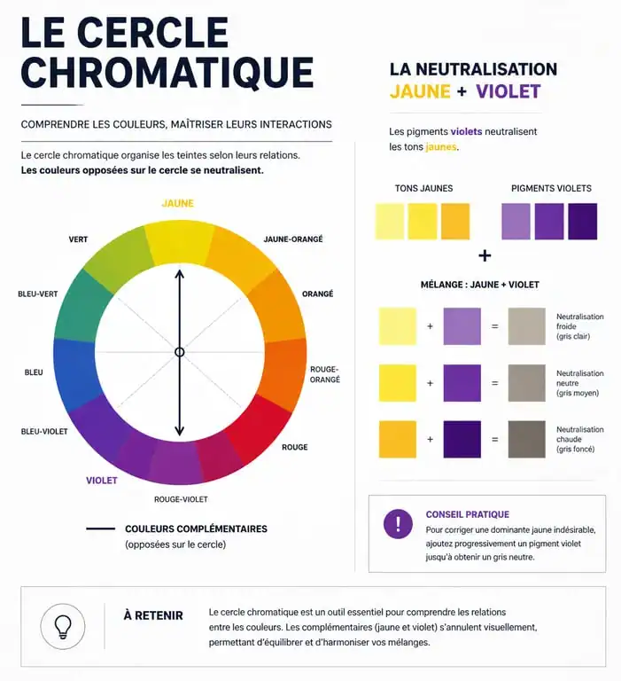Schéma explicatif du fonctionnement du shampoing déjaunisseur sur les cheveux blonds et gris