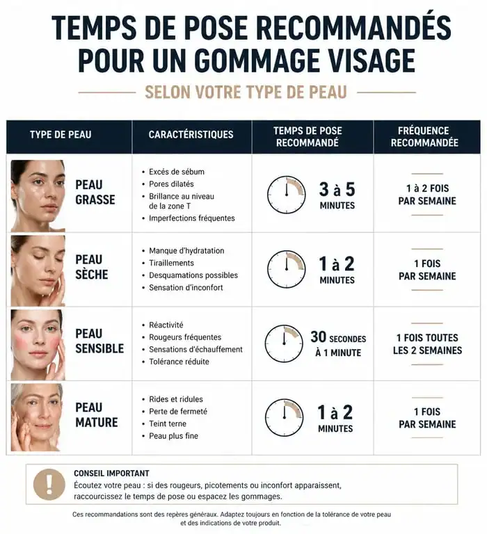 Infographie sur le temps de pose idéal pour un gommage visage selon le type de peau