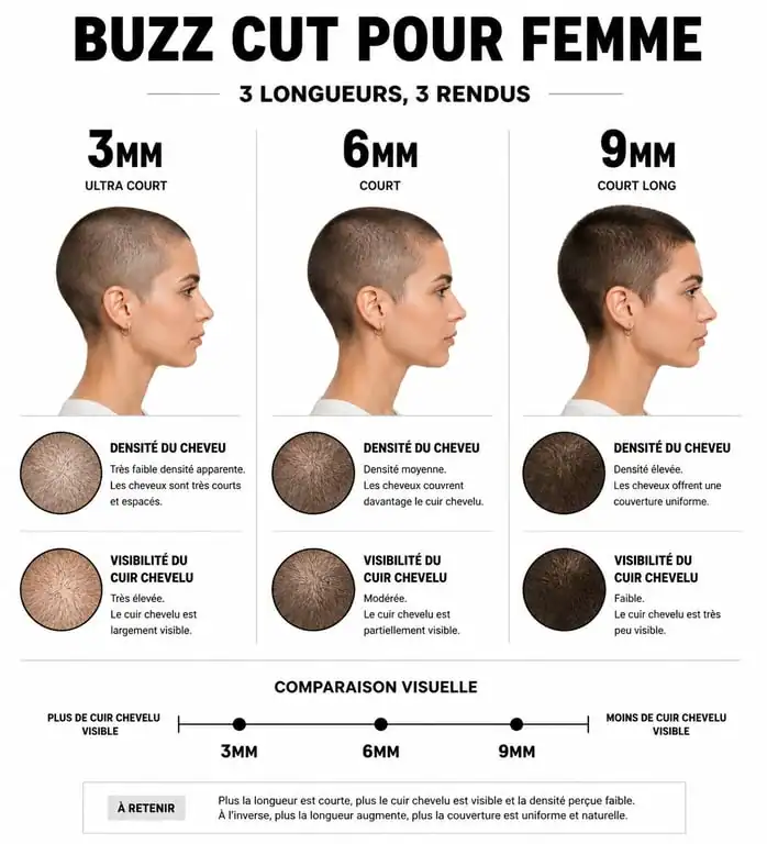 Infographie comparative des différentes longueurs de buzz cut pour femme