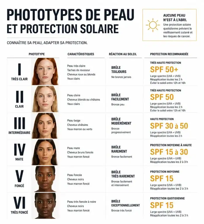 Infographie sur les phototypes de peau et les indices de protection solaire recommandés pour bronzer au visage en toute sécurité.