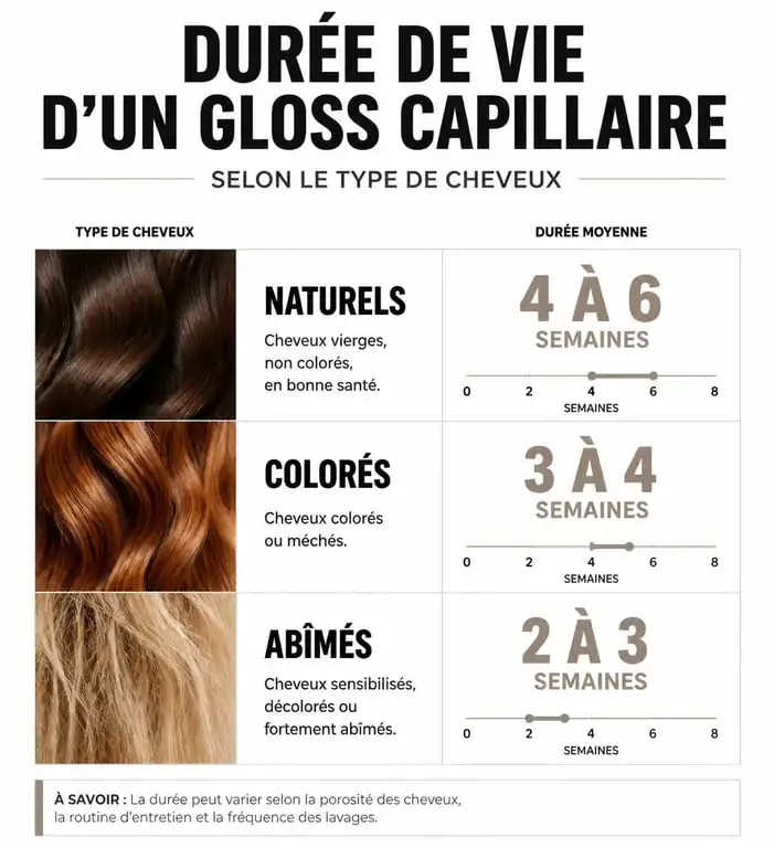 Infographie sur la durée de vie d'un gloss cheveux selon le type de chevelure