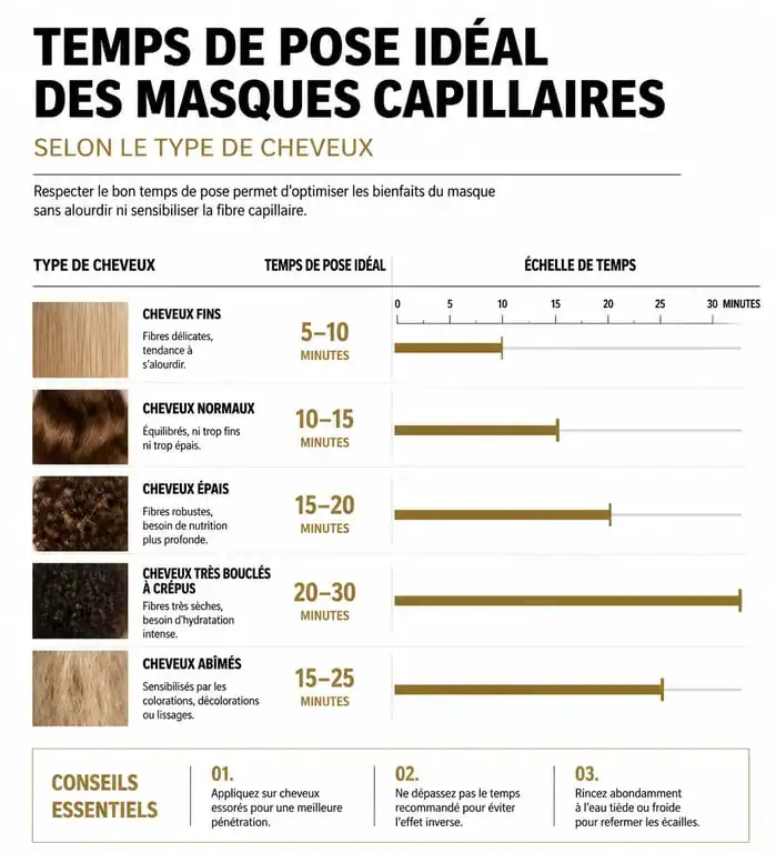 Infographie sur le temps de pose recommandé pour un masque cheveux selon le type de fibre capillaire