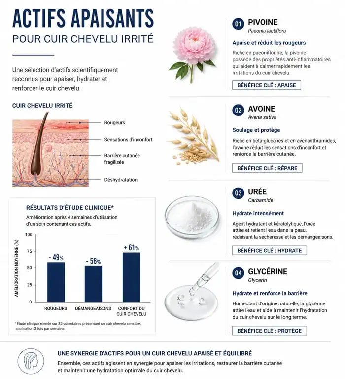 Infographie des meilleurs actifs pour shampoing cuir chevelu irrité
