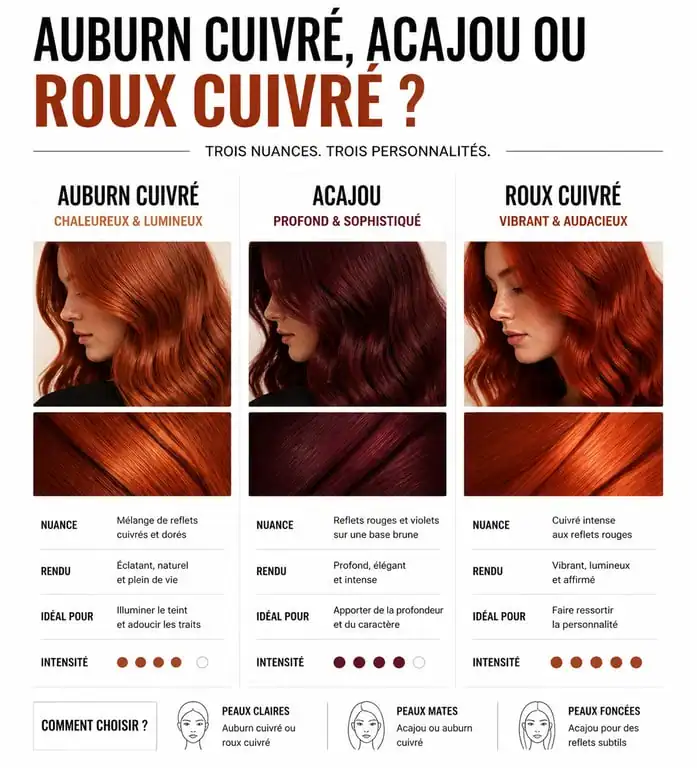 Comparatif des nuances de cheveux auburn cuivré, acajou et roux cuivré pour choisir sa coloration