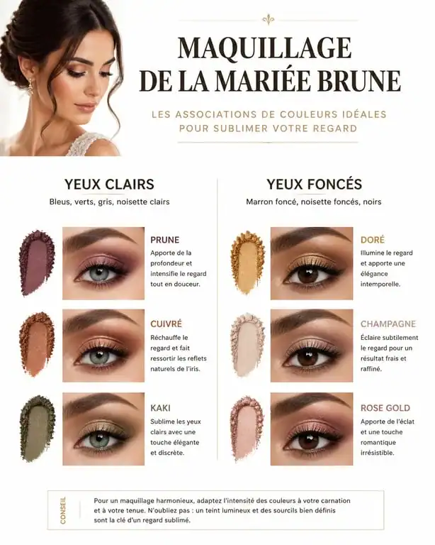 Infographie des conseils de maquillage pour mariée brune selon la couleur des yeux