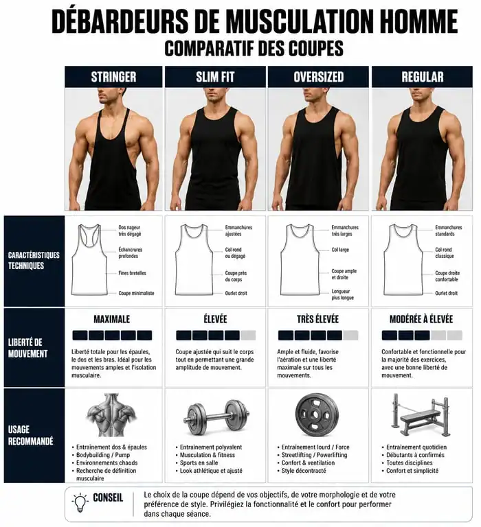 Comparatif des coupes de débardeurs de musculation pour homme : Stringer, Slim Fit, Oversized et Regular