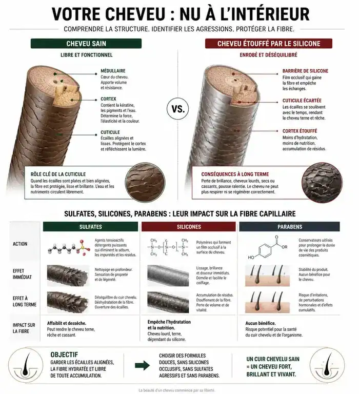 Infographie sur les effets des sulfates, silicones et parabens dans le meilleur shampoing sans sulfate sans silicone sans paraben