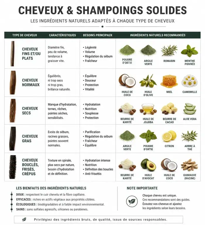 Infographie comparative des ingrédients de shampoing solide selon le type de cheveux pour un avis éclairé