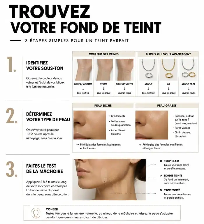 Infographie guide comment choisir son fond de teint selon sa carnation et son type de peau