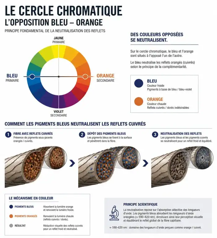 Infographie expliquant la neutralisation des reflets cuivrés par le meilleur shampoing bleu