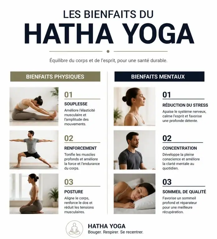 Infographie des bienfaits du Hatha yoga sur le corps et l'esprit