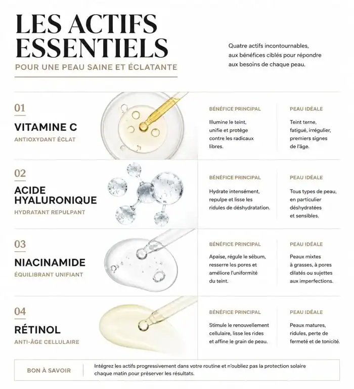 Infographie des actifs pour choisir son sérum visage selon son type de peau