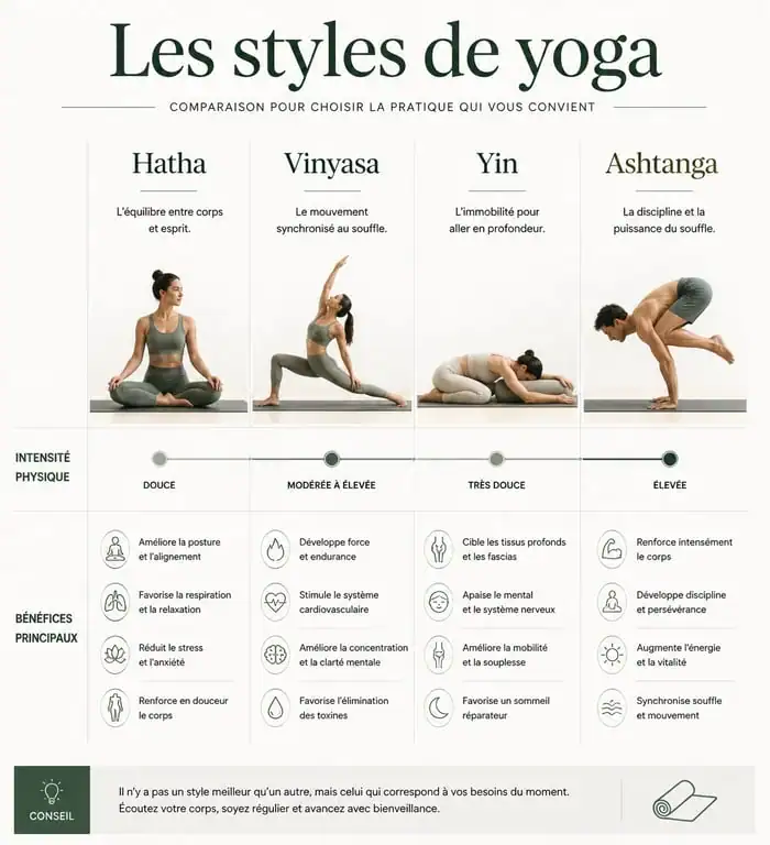 Infographie comparative des différents types de yoga : Hatha, Vinyasa, Yin et Ashtanga selon leur intensité et leurs bienfaits.
