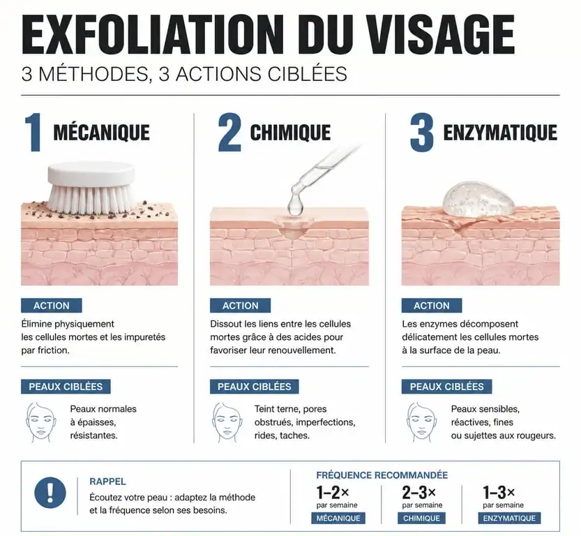 Infographie comparative des différents types de gommage visage : mécanique, chimique et enzymatique pour choisir le meilleur gommage visage.
