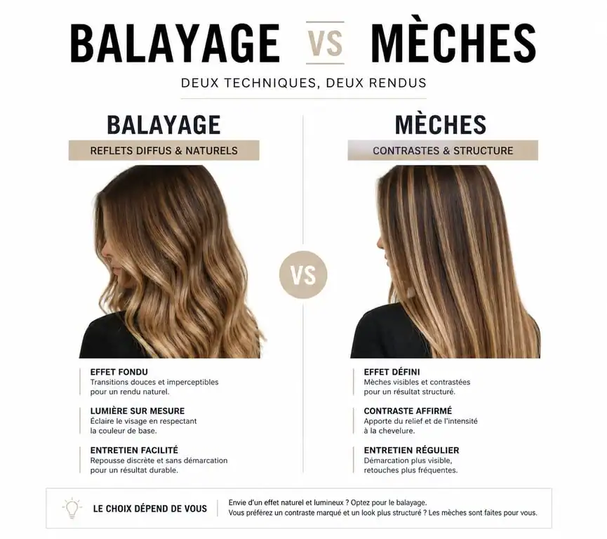Infographie comparative illustrant la différence entre balayage et mèches pour choisir sa coloration