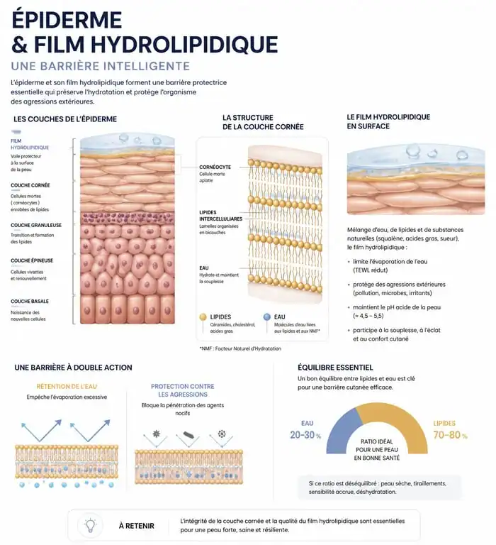 Schéma explicatif du film hydrolipidique et de l'hydratation de la peau pour comprendre comment hydrater sa peau efficacement.