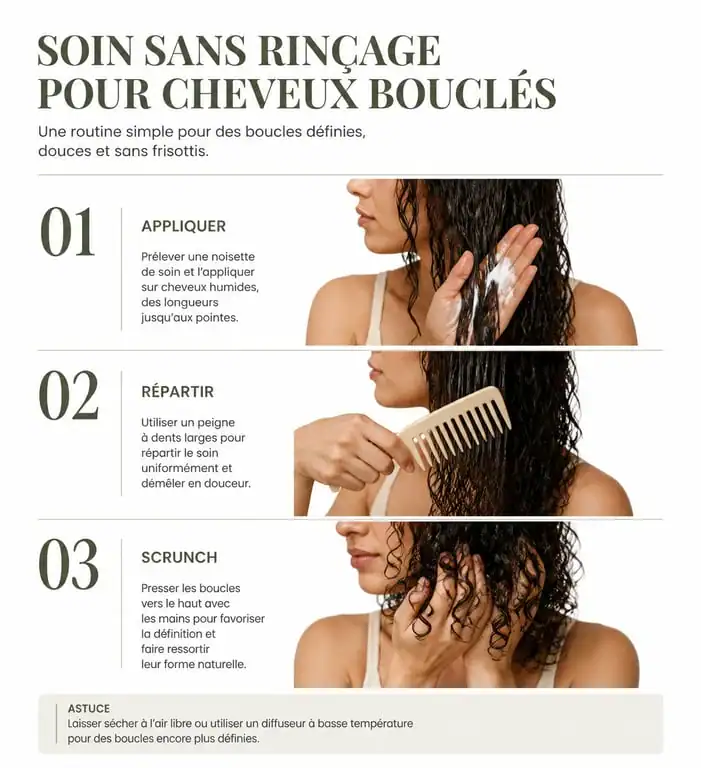 Technique d'application d'un soin hydratant sans rinçage pour cheveux