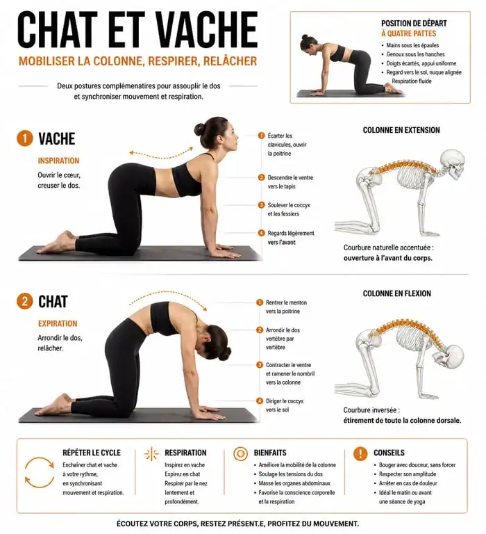 Infographie illustrant la posture du chat en yoga et la mobilité de la colonne vertébrale