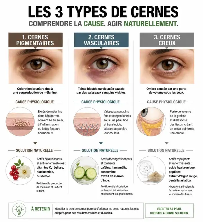Infographie explicative des types de cernes et solutions naturelles pour cacher ses cernes sans maquillage