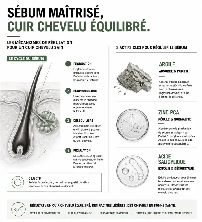 Infographie sur les ingrédients et le fonctionnement du meilleur shampoing pour cheveux gras