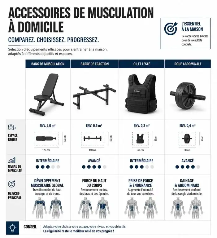 Infographie comparative des accessoires de musculation à domicile pour optimiser son home gym