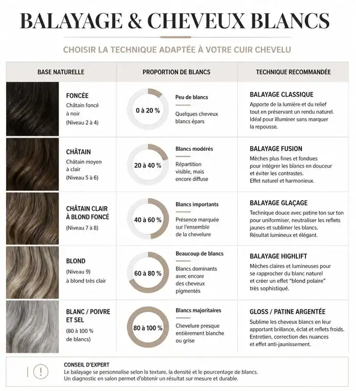 Tableau comparatif des techniques de balayage sur cheveux blancs selon la base naturelle et la proportion de cheveux gris