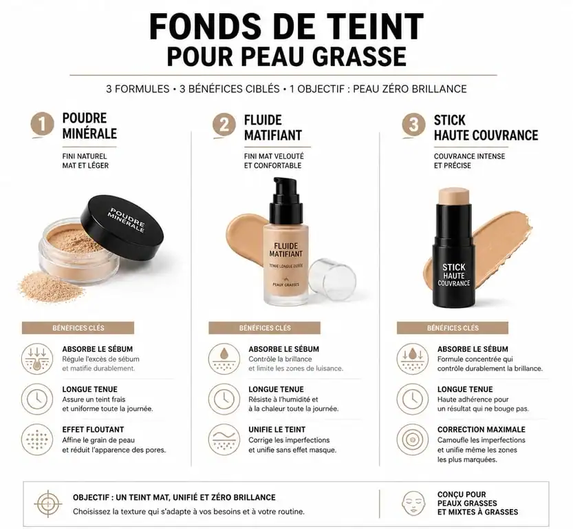 Comparatif des types de fonds de teint pour peau grasse : poudre, fluide et stick pour un maquillage longue tenue