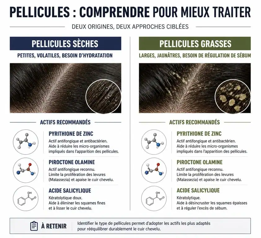 Infographie comparative des types de pellicules et actifs recommandés pour choisir le meilleur shampoing anti pelliculaire