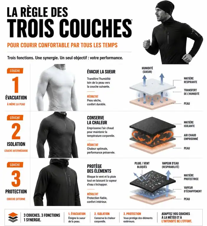 Infographie explicative de la règle des trois couches pour une tenue running homme