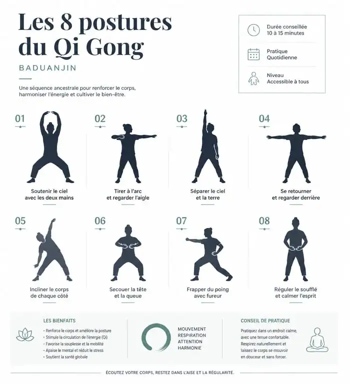 Infographie des 8 postures du Qi Gong (Baduanjin) pour la santé et la vitalité