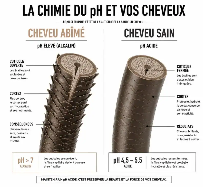 Schéma explicatif de l'effet du pH sur la fibre capillaire : comparaison entre cuticules ouvertes et fermées pour le meilleur shampoing cheveux colorés.