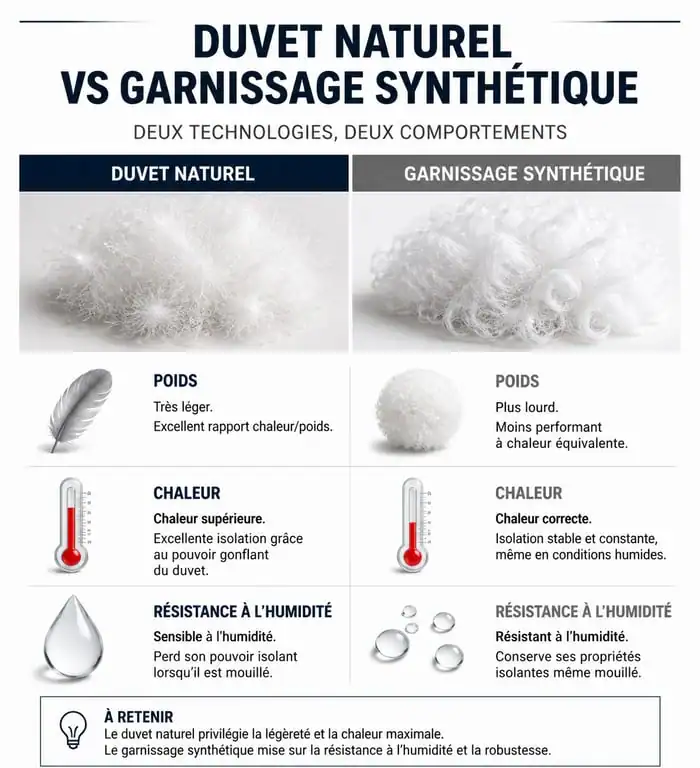 Infographie comparative : duvet naturel vs garnissage synthétique pour doudoune