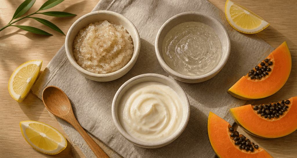 Meilleur gommage visage, bols exfoliants naturels sur serviette en lin