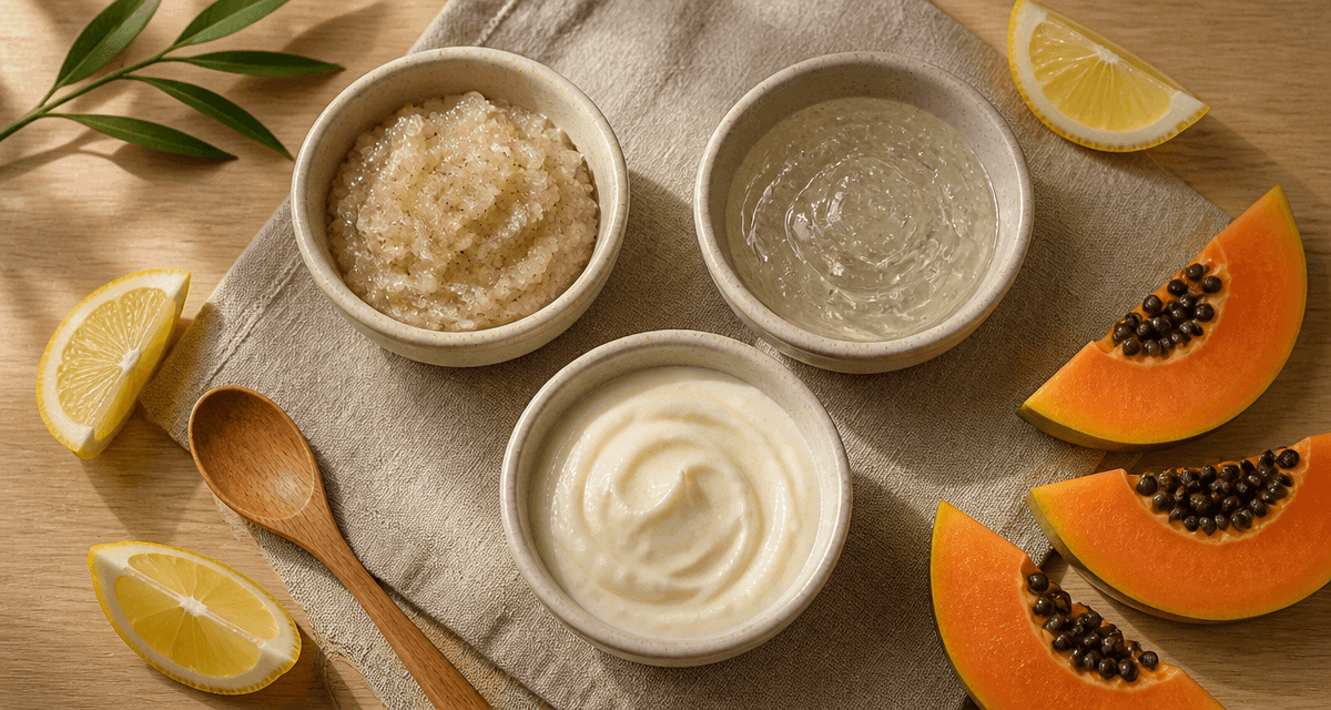 Meilleur gommage visage, bols exfoliants naturels sur serviette en lin