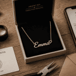obtenir collier prénom avis en image sur table bois avec accessoires