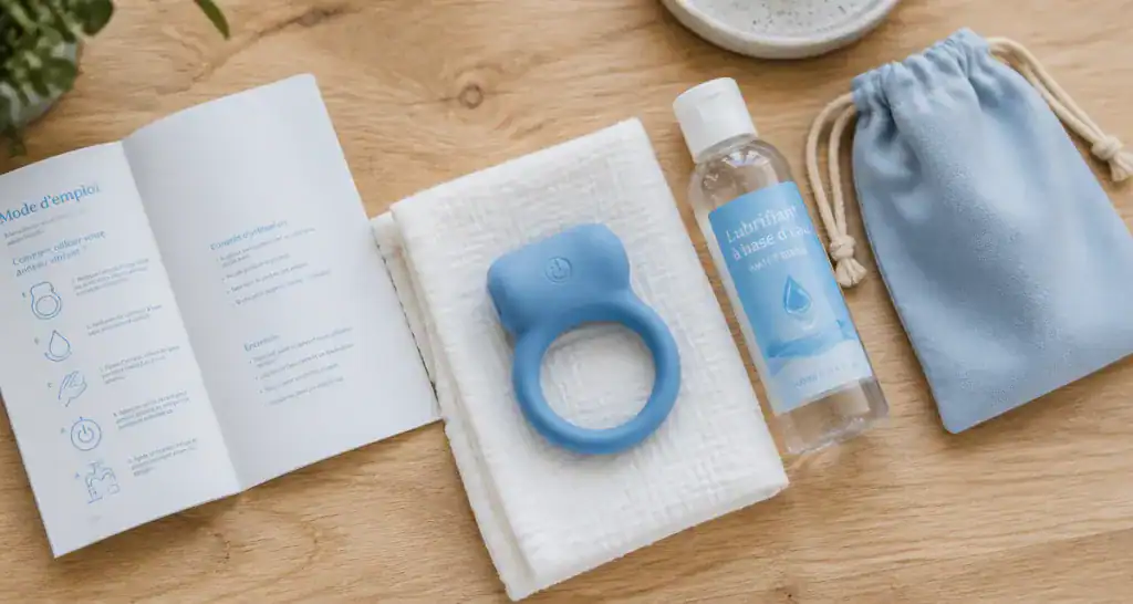 anneau vibrant homme silicone bleu sur table