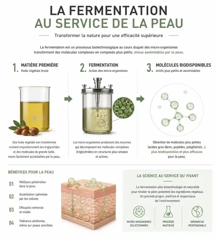 Infographie expliquant le processus de fermentation des ingrédients cosmétiques Florena pour une meilleure absorption cutanée.