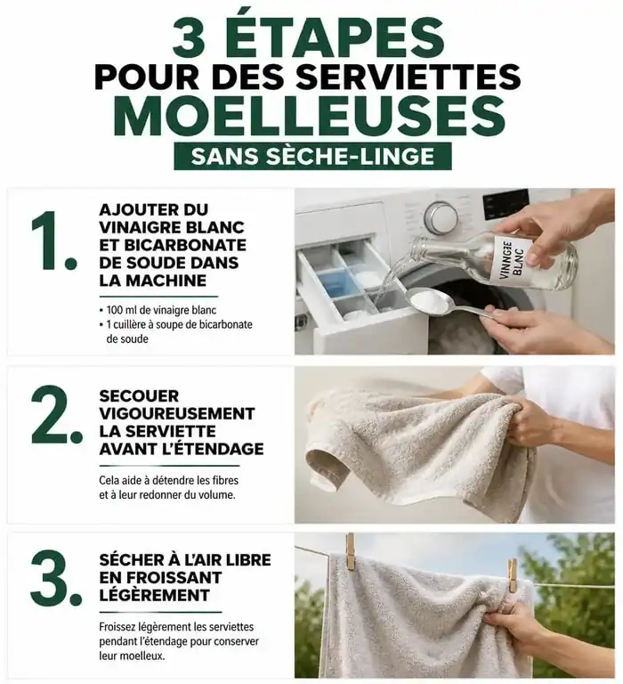 Infographie des étapes pour avoir des serviettes de toilette moelleuses sans sèche-linge