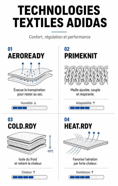 Infographie des technologies textiles pour tenue de sport femme adidas